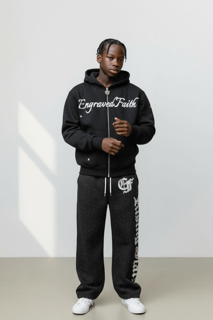 Pre-OrderEF Rhinestone Hoodie wJogger Set Black