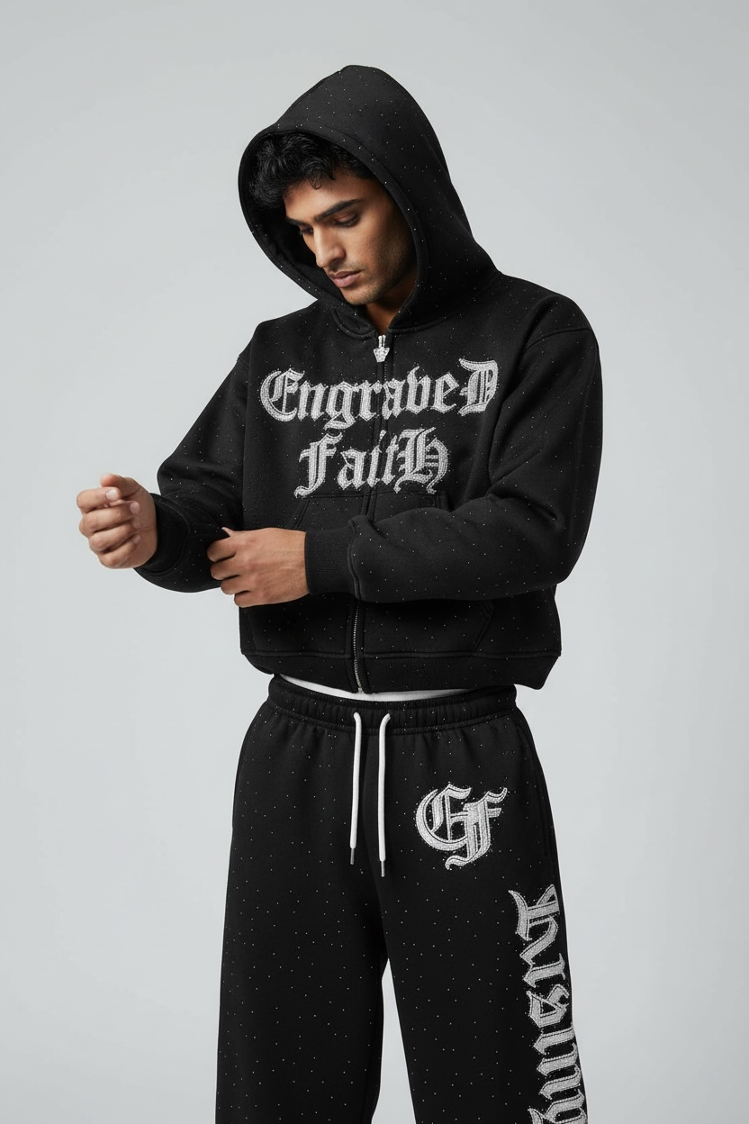 Pre-OrderEF Rhinestone Hoodie wJogger Set Black