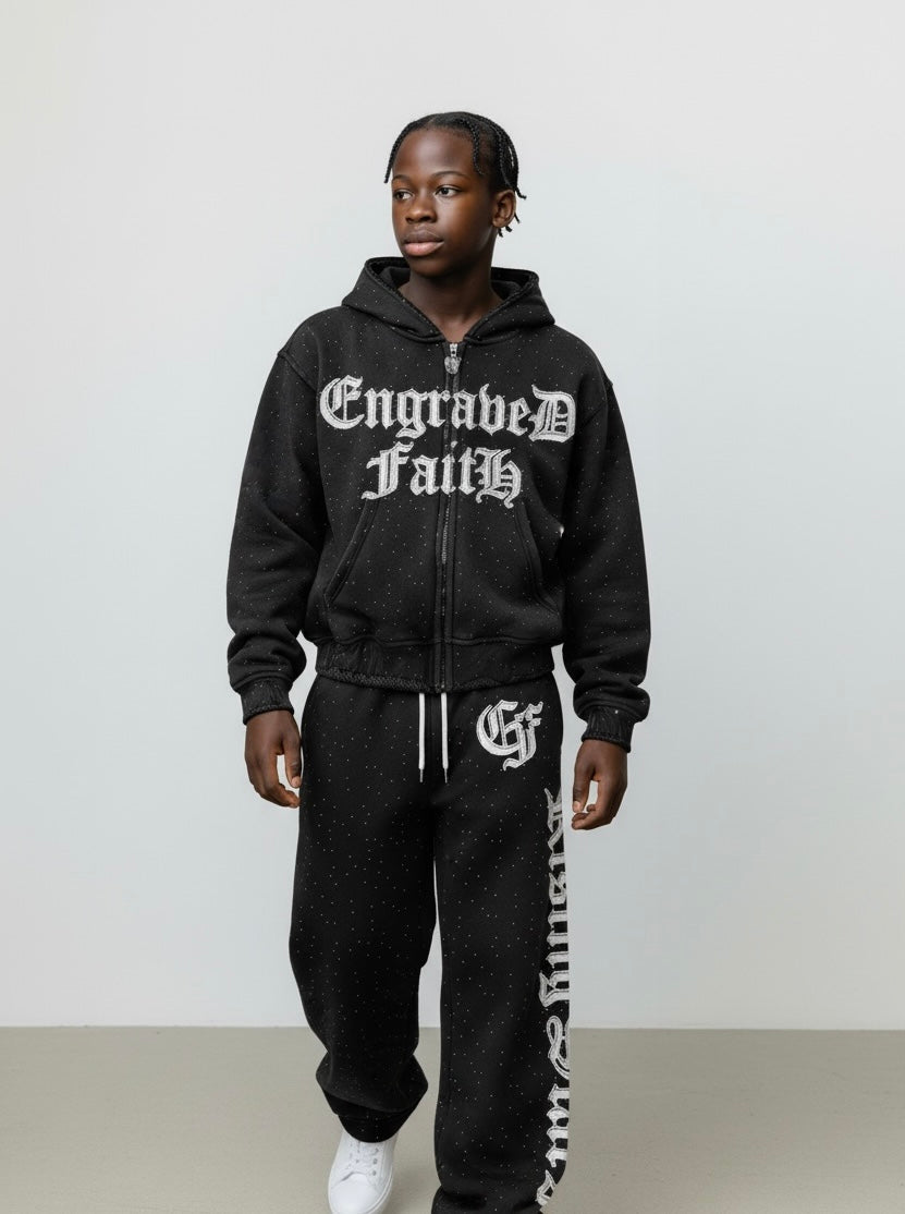 Pre-OrderEF Rhinestone Hoodie wJogger Set Black