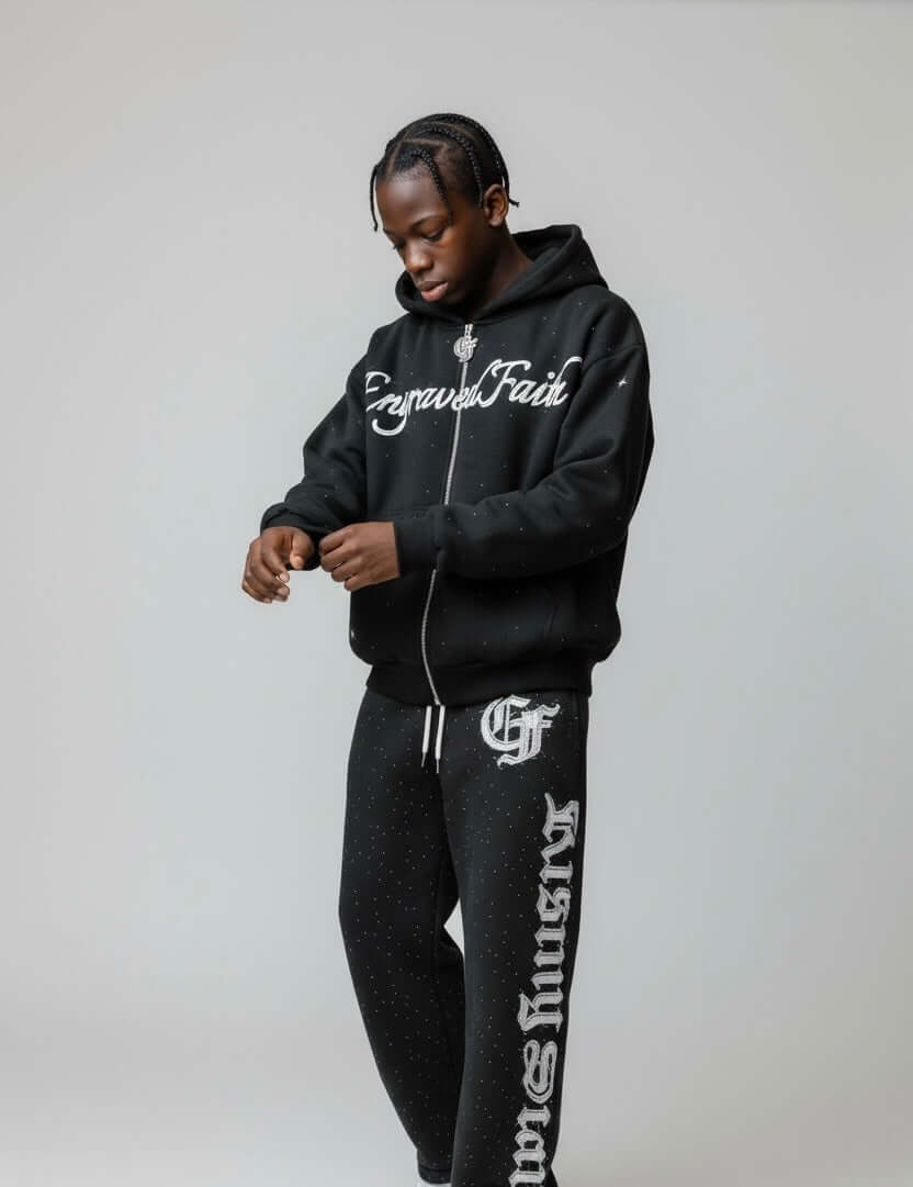 Pre-OrderEF Rhinestone Hoodie wJogger Set Black